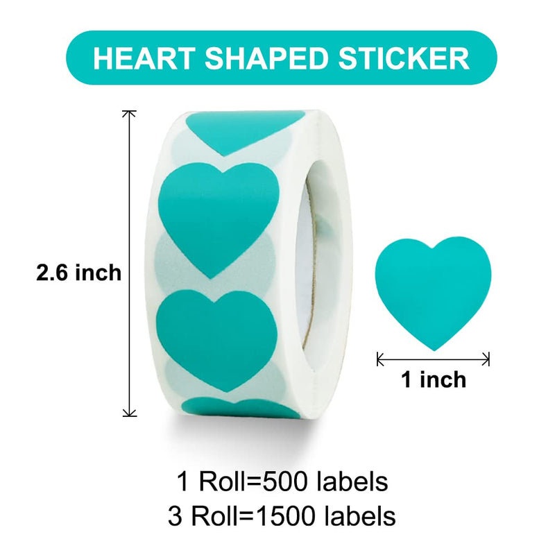  [AUSTRALIA] - 1500 Labels Blue Green Heart Stickers 1 inch Heart Coding Shape Paper Labels for Valentine's Day Wedding Anniversaries Invitation Envelopes Cute Decals for Water Bottle Packaging(3 Pcs/500 Per Roll) Dark Green