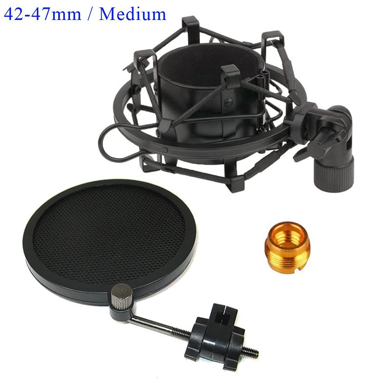  [AUSTRALIA] - Etubby 42-47mm Microphone Shock Mount with Double Mesh Pop Filter & Screw Adapter, Adjustable Anti Vibration High Isolation Metal Mic Mount Holder Clip for Diameter of 42-47mm Microphone 42-47mm / M