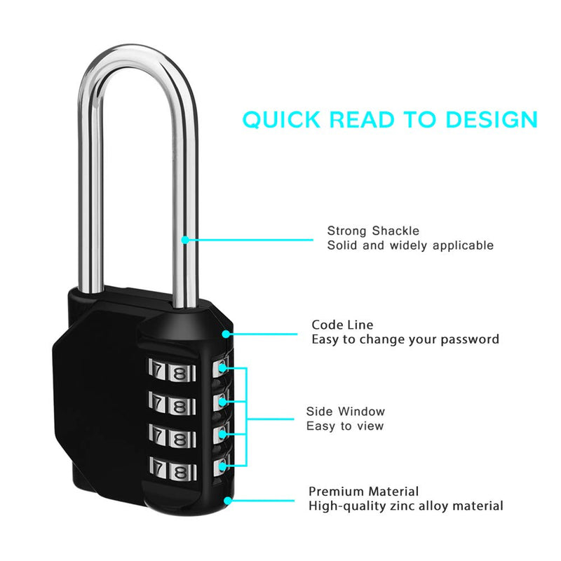  [AUSTRALIA] - ZHEGE 2.2 Inch Long Shackle Combination Lock, 4 Digit Resettable Waterproof Padlock for School, Gym, Employee Locker, Fence, Gate, Toolbox, Outdoor (Black & Silver) LBlackSliver