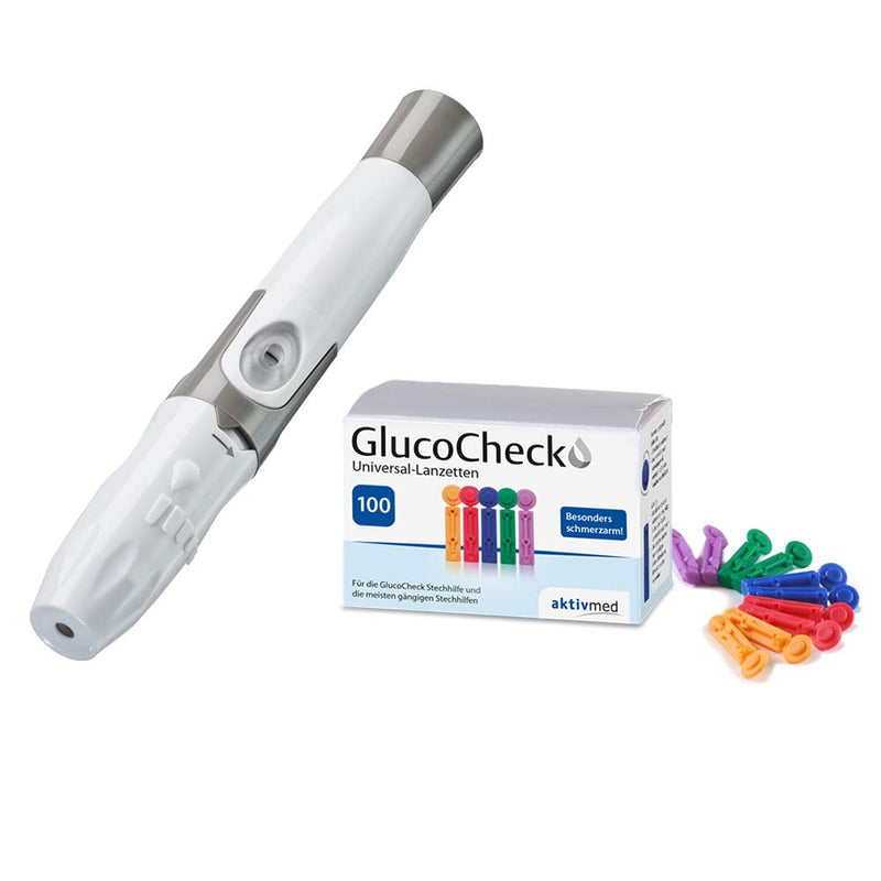  [AUSTRALIA] - GlucoCheck lancing device and 100 universal lancets from Gluco Check (value set). To obtain a drop of blood for measuring blood sugar in diabetes.