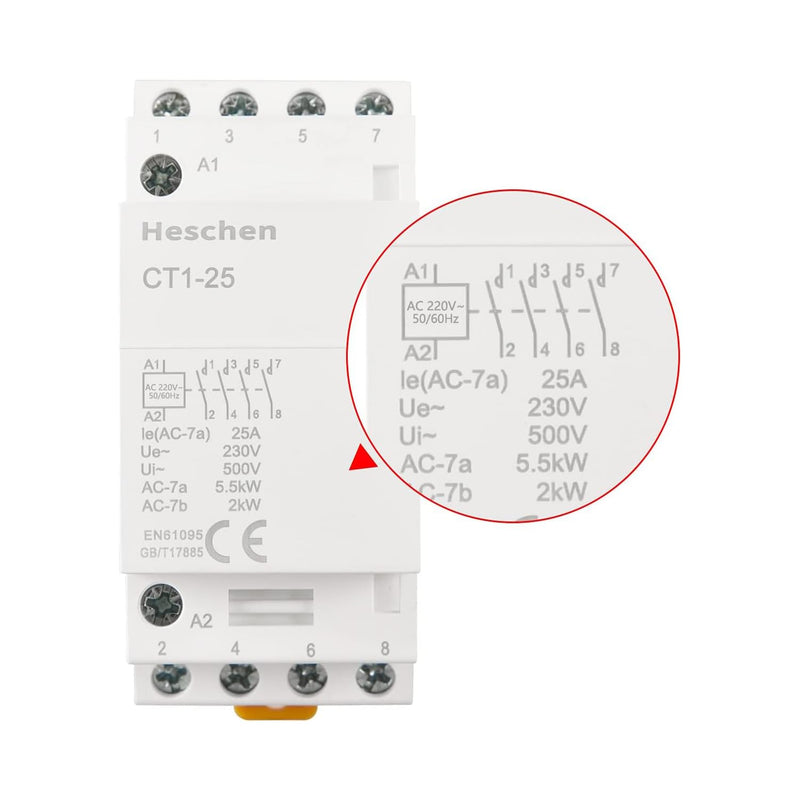  [AUSTRALIA] - Heschen household AC contactor, CT1-25, 4 pin four normally open, AC 220V/240V coil voltage, 35mm DIN rail mounting