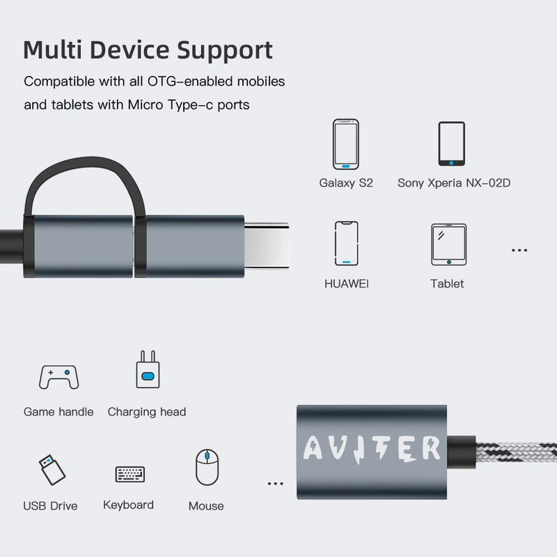 AVITER USB C Adapter 2 in 1 Type C & Micro USB Cable to USB 3.0 Adapter - USB Type C & Micro USB to USB Female Adapter OTG for MacBook Pro, MacBook Air, iPad Pro, and More Type-C Devices. - LeoForward Australia