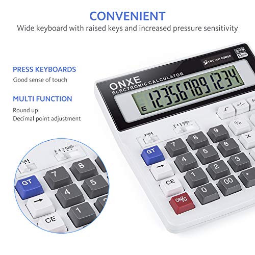  [AUSTRALIA] - Calculator, ONXE Standard Function Scientific Electronics Desktop Calculators, Dual Power, Big Button 12 Digit Large LCD Display, Handheld for Daily and Basic Office (White)