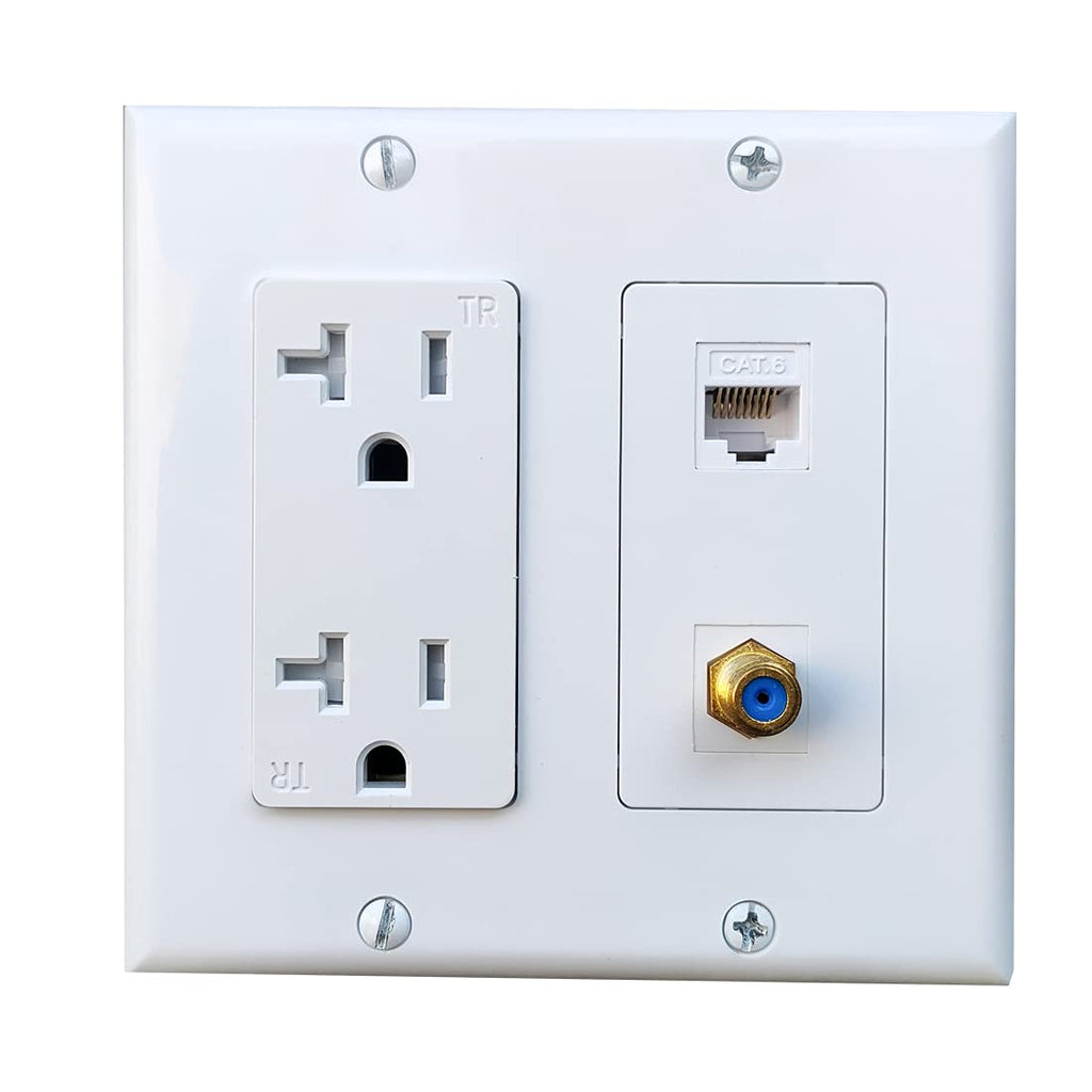  [AUSTRALIA] - BOPLAT 2 Gang Ethernet Coax Wall Plate with 20Amp Power Outlet - Electrical Wall Outlet Cover Plate with Coaxial Ethernet +1 Port CAT6 + 1 Coax Cable TV F Type Jack- White CAT6+F