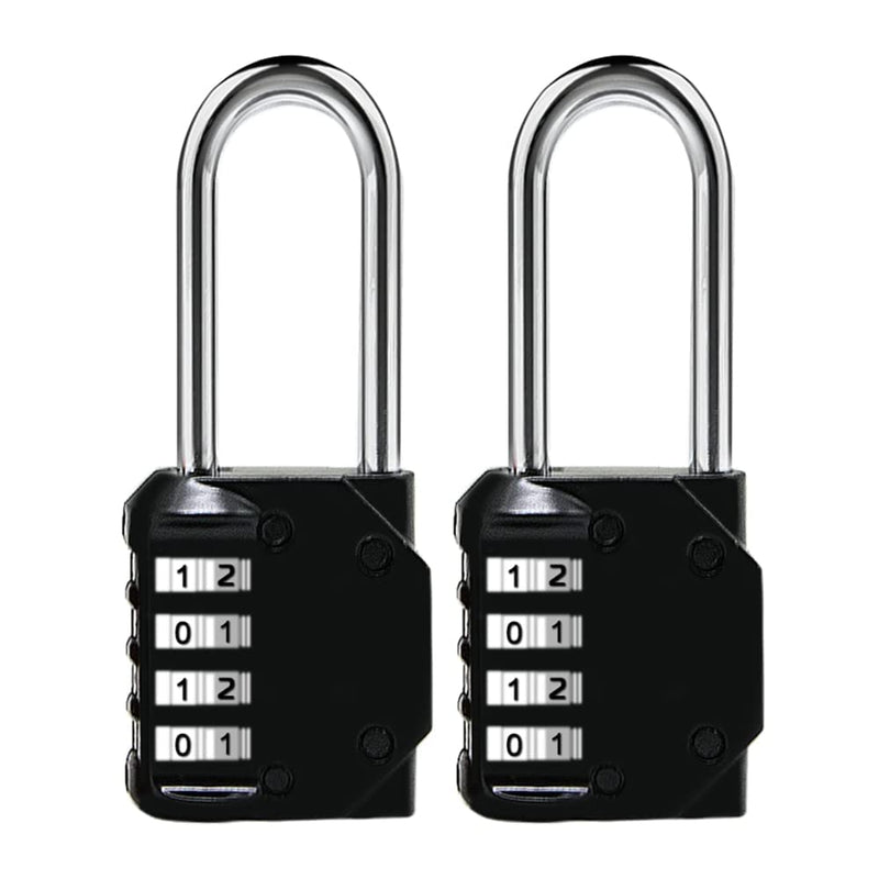  [AUSTRALIA] - 4 Digit Combination Lock,Long Shackle Padlock and Outdoor Waterproof Resettable Padlock for Gym Locker,Sports Locker, Fence, Gate, Toolbox, Case, Hasp Storage (Black，2Pack) Long Shackle Black