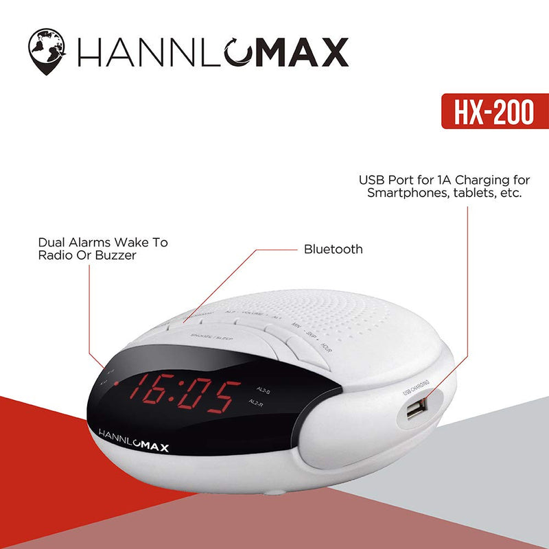 HANNLOMAX HX-200 Alarm Clock Radio, PLL FM Radio, with Preset Stations, Dual Alarm, 0.6" Red LED Display, USB Port for 1A Charging, Memory Backup, AC/DC Adaptor Included (White) - LeoForward Australia