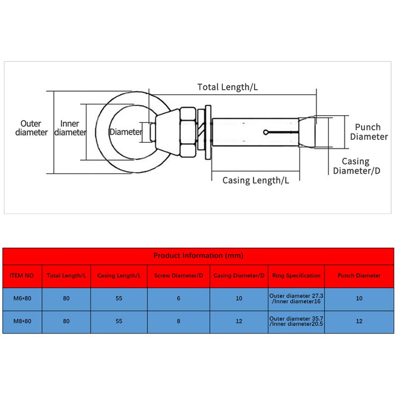  [AUSTRALIA] - 6Pack 304 Stainless Steel Expansion Bolt M6x80mm with Eyebolt Fastener Wall Concrete Brick Expansion Screw Closed Hook Anchor Bolt M6x80