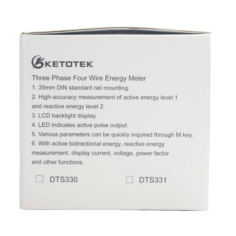  [AUSTRALIA] - KETOTEK 3 Phase Electricity Meter AC Ampere Volt Power Energy Monitor Top Hat Din Rail Bidirectional Wattmeter Power Consumption Input Output kWh Three-phase Meter 3x230V/400V 10(100) A 50/60Hz DTS331