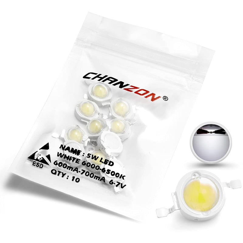  [AUSTRALIA] - CHANZON Pack of 10 High Power LED Chip 5W White (6000K - 6500K/600mA - 700mA/DC 6V - 7V/5 Watt) Super Bright Intensity SMD COB Light Emitter Components Diode 5W Bulb Lamp Beads DIY Lighting