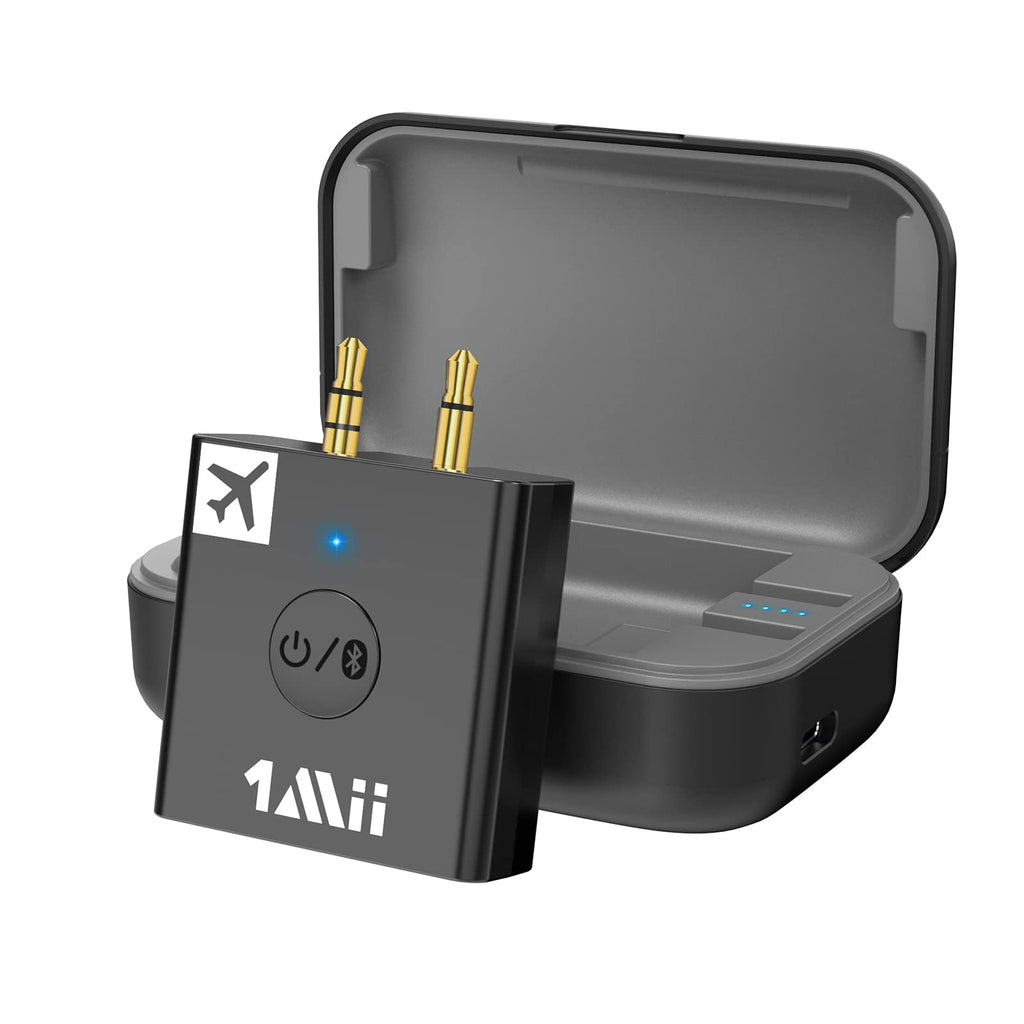  [AUSTRALIA] - 1Mii Bluetooth 5.3 Audio Transmitter for Airplane to Headphones with Portable Charging Case, Share aptX Low Latency/HD/Adaptive Audio to Any 3.5mm Aux Jack on Airline or in Gym