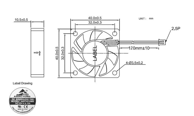 [AUSTRALIA] - 2-Packs 40 x 40 x 10mm 4010 12V 0.10A Brushless DC Cooling Fan 2pin AV-F4010MB UL CE