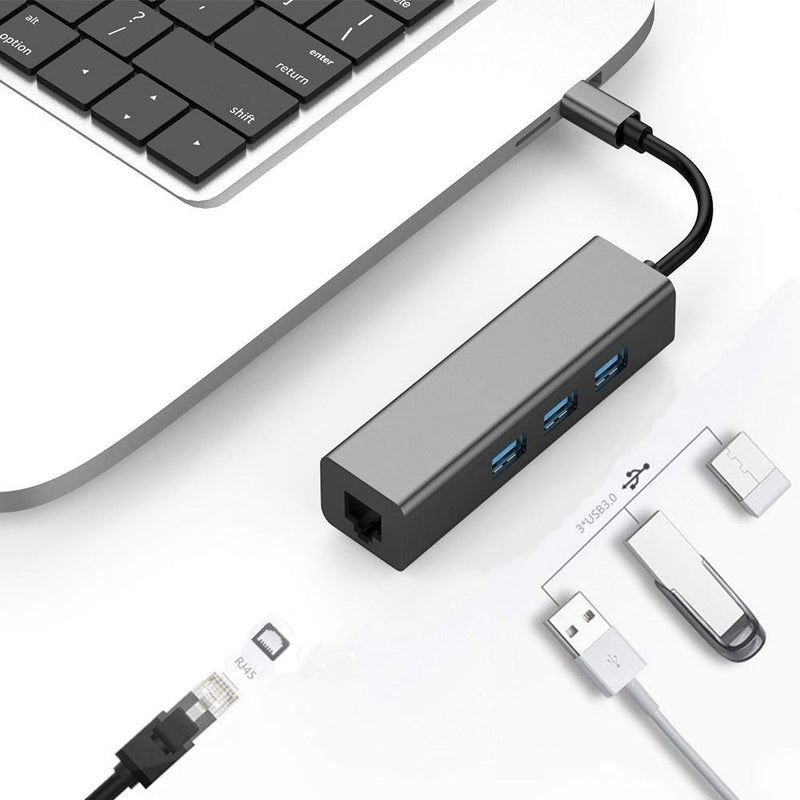  [AUSTRALIA] - USB-C to Gigabit Ethernet USB 3.0 Adapter Hub Type-C Conversion to Ethernet with 3-Port USB Hub Support MacBook/MacBook Pro Dell XPS HP and More Type C Devices (Space Gray)