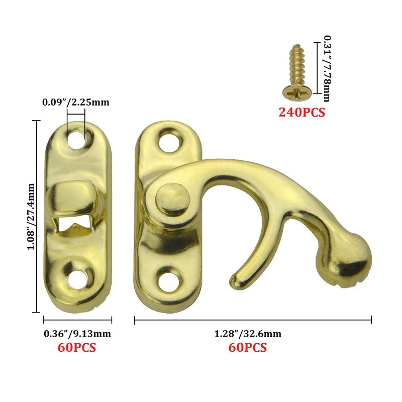  [AUSTRALIA] - WMYCONGCONG 60 PCS Antique Right Latch Hook Hasp 27mm x 32mm/1" X 1.28" Yellow Horn Hook Lock Wood Jewelry Box Hasp Hook Horn Clasp with 240 Screws (Yellow)