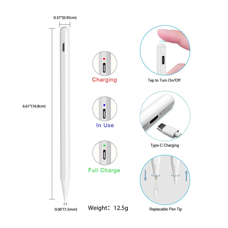  [AUSTRALIA] - ﻿Stylus Pencil for iPad 9th & 8th Generation, Active Pen with Palm Rejection Compatible with (2018-2021) Apple iPad 9th 8th 7th Gen/iPad Pro 11 & 12.9 inches/iPad Air 4th Gen/iPad Mini 6th Gen (White) White