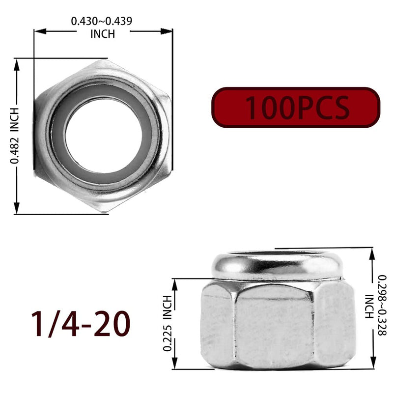  [AUSTRALIA] - 100Pcs 1/4-20 Nylon Insert Lock Nuts Hex Lock Nuts Carbon Steel Galvanized Finish COMRUN 100