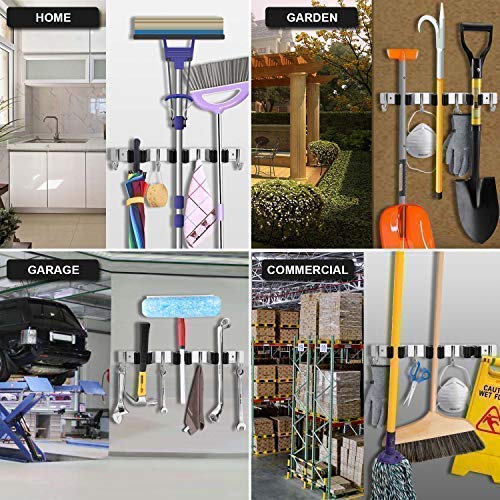  [AUSTRALIA] - Broom Mop Holder Wall Mount,Favbal Garage Organization Tool Organizer Storage Broom Closet Kitchen Organization Heavy Duty Garage Tools Hanger with 3 Racks 4 Hooks for Home Kitchen Garden Laundry Room