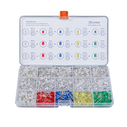  [AUSTRALIA] - ELEGOO 3mm 5mm Diffuse and Clear Assorted LED Kit 5 Colors for Arduino IDE (Set of 600) LED600