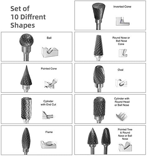  [AUSTRALIA] - Double Cut Tungsten Carbide Burr Set for Rotary Tool, 10Pcs Rotary Carving Bits with 1/8” Shank and 1/4” Grinding Head for DIY, Woodworking, Engraving, Metal Carving, Drilling, Polishing