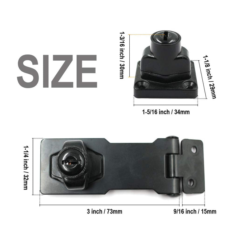  [AUSTRALIA] - 1Pack Safety Hasp with Lock 3”x 1-1/4”Keyed Hasp Locks Twist Knob Keyed Locking Hasp for Small Doors Matte Black 3 inch Black 1Pcs