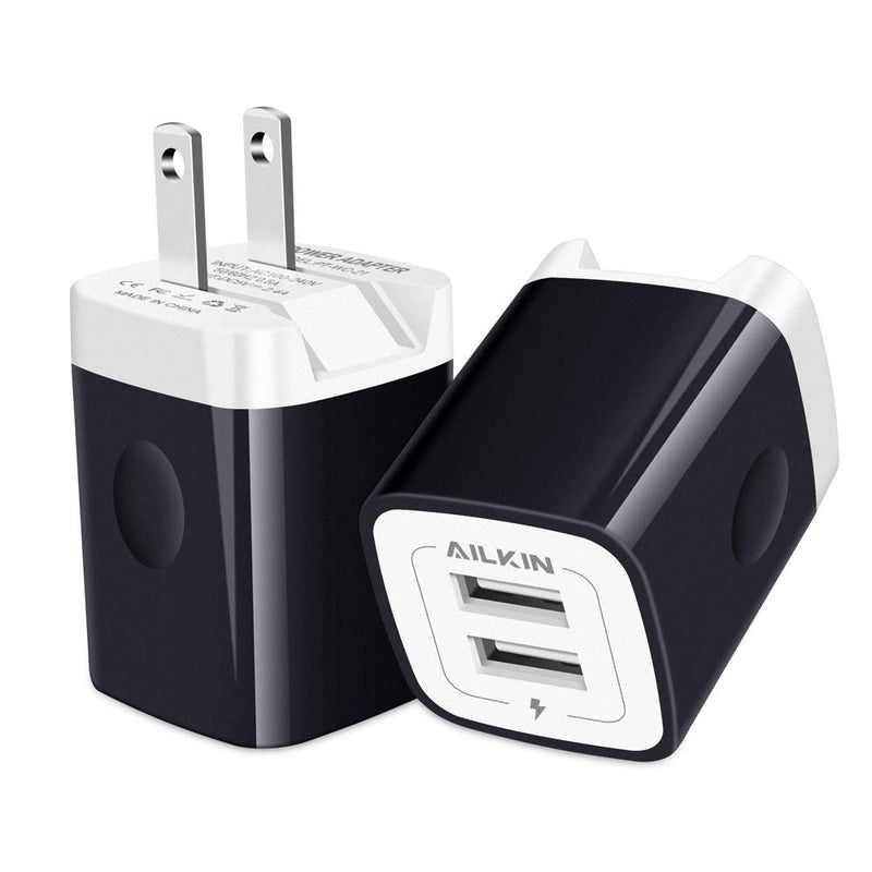  [AUSTRALIA] - Travel USB Wall Charger, AILKIN 2.4A/2Pack Dual Foldable USB Plug, Dual Port Small Charger Cube USB Box Charger Base Power Outlet Block for Smart Cell Phone XR XS XS MAX Fast Charging Box-Black Black
