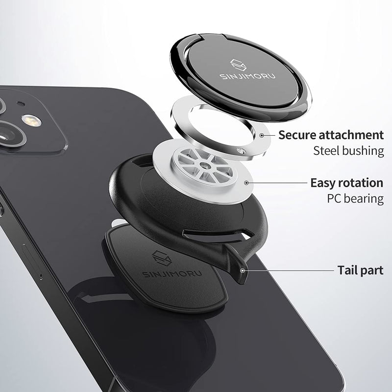  [AUSTRALIA] - Sinjimoru Detachable Metal Phone Ring Holder Finger Kickstand, 360 Degree Rotation Available Phone Holder for Hand & Phone Grip Stand for iPhone & Galaxy. Sinji Mount Ringo Metallic Black