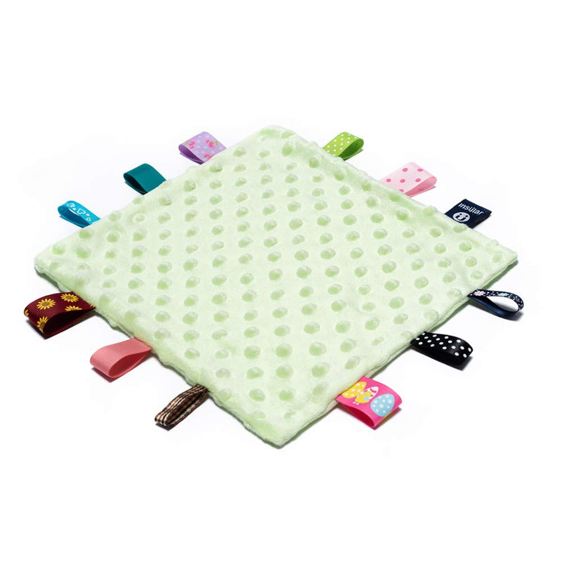  [AUSTRALIA] - Green Baby Security Blanket with Colorful Satin Tags, Infant Appease Blankets Toy, Sleep Helper - 10 x 10 inches Square Blanket for 0+ Months Babies Boys/Girls Green