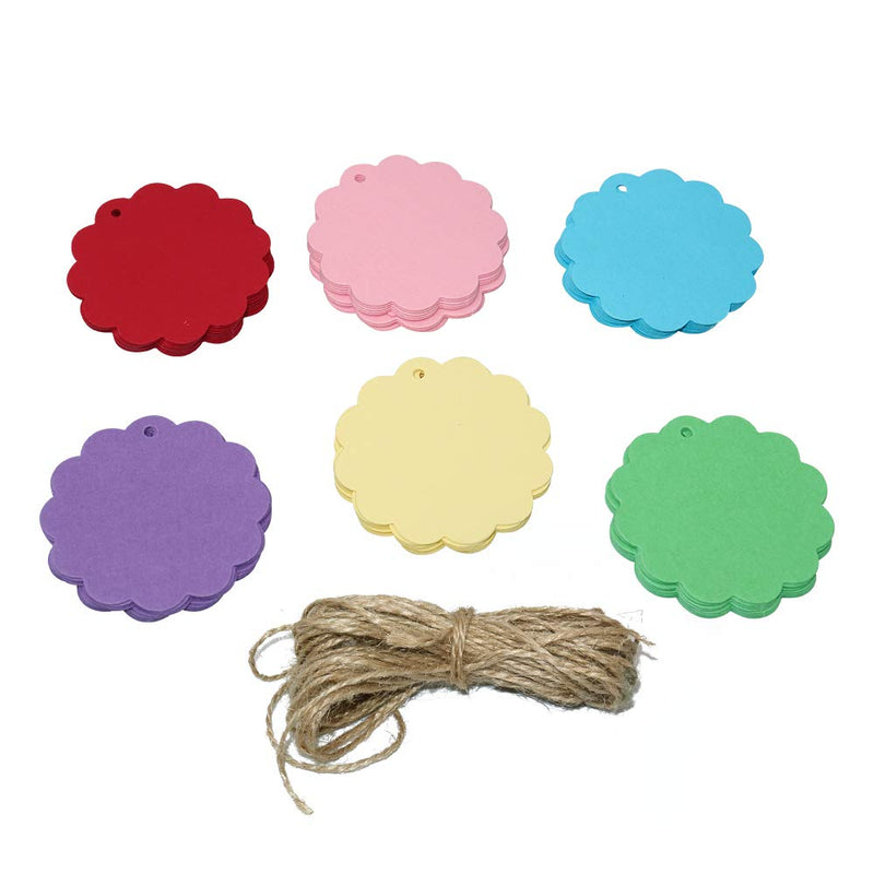  [AUSTRALIA] - 120PCS 2.4’’ / 6 cm Colorful Craft Scalloped Paper Label Tags with 66 Feet Jute Twines String for Wedding Birthday Party Decoration Gifts, Organizing, Arts & Crafts