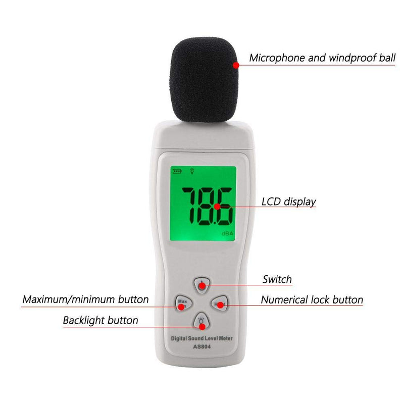  [AUSTRALIA] - Akozon Sound Level Meter, SMART Sensor AS804 Portable Digital Sound Meter Test Monitor 30-130dBA Decibel Meter with Large LCD Screen Quick Decibel Tester
