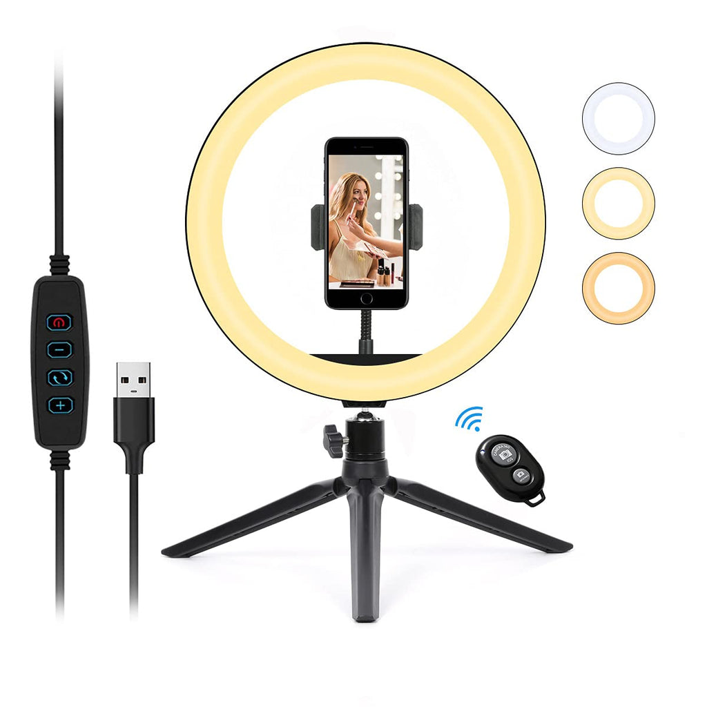  [AUSTRALIA] - LED Ring Light - 10 Inch Dimmable Ring Light with Tripod Stand &Bluetooth Selfie, 3 Colors&10 Brightness Selfie Ring Light for YouTube Video Makeup Selfie, Black, 10.5 x 10.5 x 1.5 inches