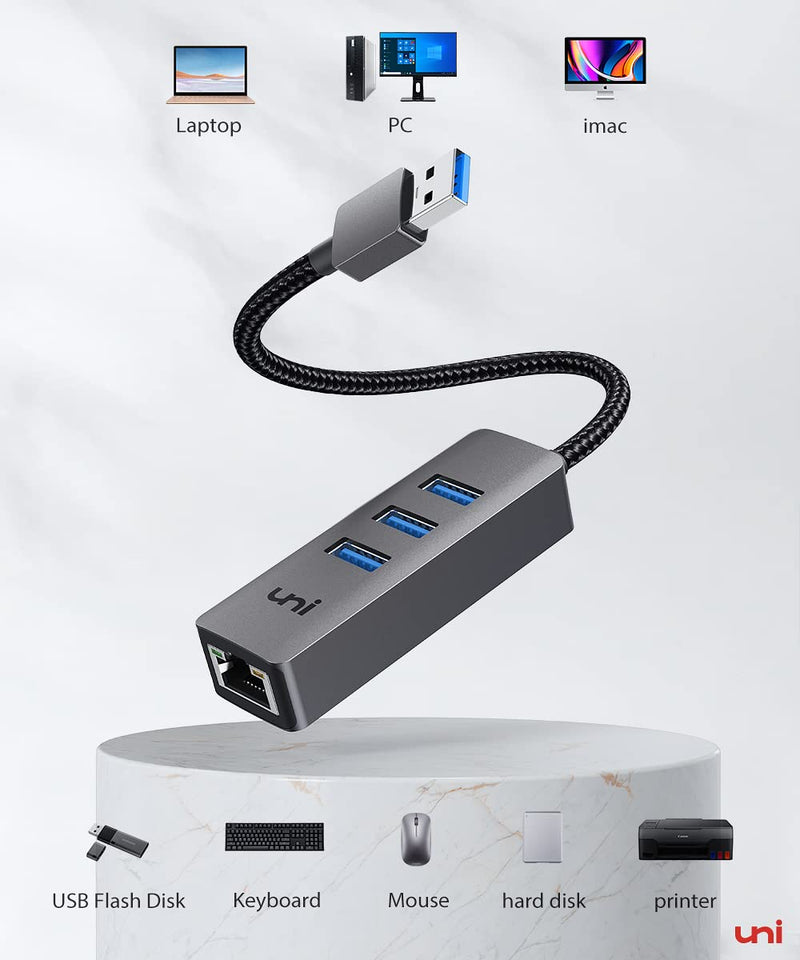 [AUSTRALIA] - USB 3.0 to Ethernet Adapter, uni [High-Speed Gigabit] Network Hub, 4-in-1 Multiport Hub, Aluminum Shell USB-A to RJ45 Port Converter Compatible with iMac, PC, Chromebook Laptops, and More
