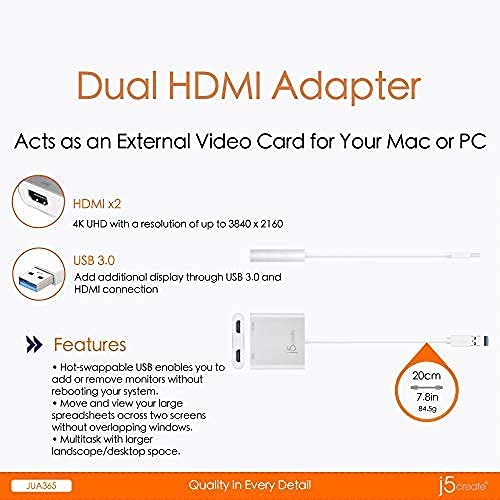  [AUSTRALIA] - j5create USB to HDMI Adapter - Dual HDMI USB 3.0 Multi-Monitor Cable | 4K Ultra HD | Compatible with Microsoft 7, 8.1, 10 / Mac OS X v10.6 and Above