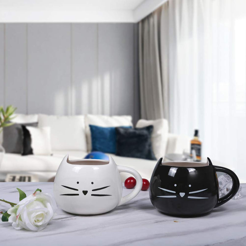  [AUSTRALIA] - Koolkatkoo Cute Cat Coffee Mug Set for Girls Women Ceramic Kitty Tea Couple Mugs for Cat Lovers 12 oz Meow Cup Black and White … Black/White