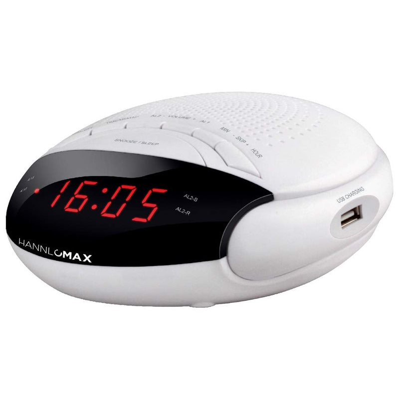 HANNLOMAX HX-200 Alarm Clock Radio, PLL FM Radio, with Preset Stations, Dual Alarm, 0.6" Red LED Display, USB Port for 1A Charging, Memory Backup, AC/DC Adaptor Included (White) - LeoForward Australia