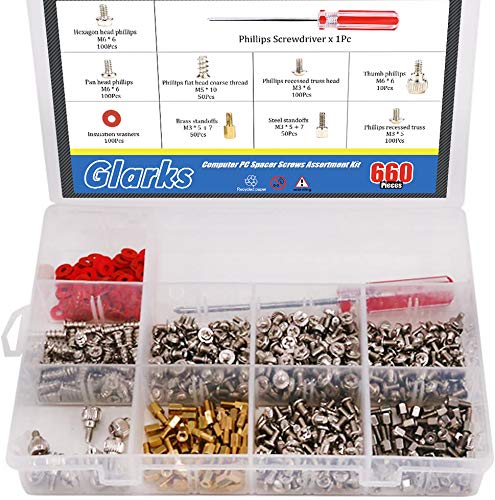  [AUSTRALIA] - Glarks 660-Pieces Phillips Head Computer PC Spacer Screws Assortment Kit for Hard Drive Computer Case Motherboard Fan Power Graphics (Extra: Phillips Screwdriver)