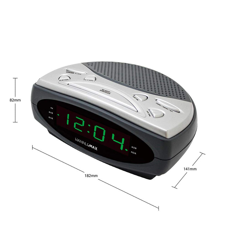 HANNLOMAX HX-137CR Alarm Clock Radio, PLL AM/FM Radio, Dual Alarm, 0.9" Green LED Display (Gray) - LeoForward Australia