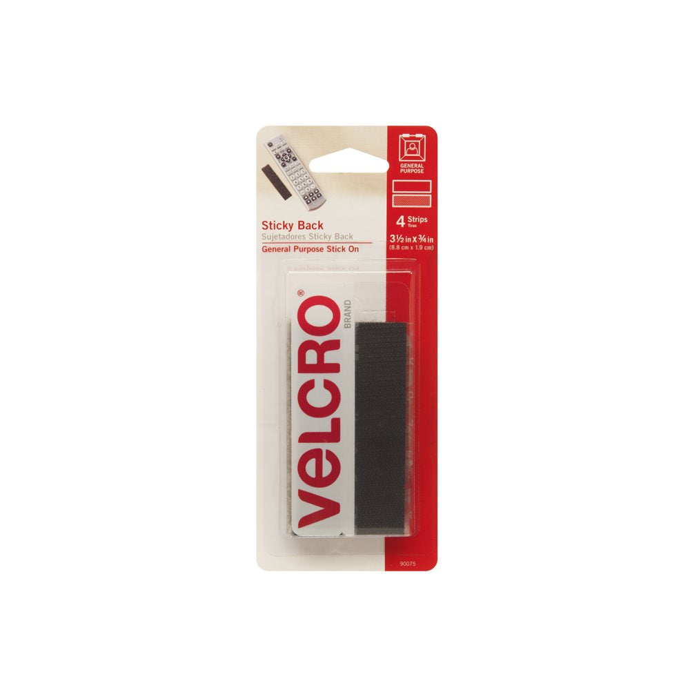  [AUSTRALIA] - VELCRO Brand Sticky Back Strips with Adhesive | 4 Count | Black 3 1/2 x 3/4 In | Hook and Loop Fasteners for Home Organization, Classroom or Office 4pk