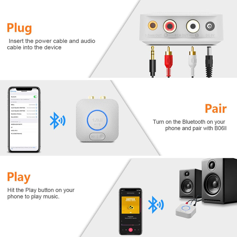  [AUSTRALIA] - 1Mii Bluetooth 5.0 Receiver, HiFi Bluetooth Audio Adapter, 12hrs Playtime Bluetooth Receiver with 3D Surround aptX Low Latency for Home/Car Stereo/Speakers Grey