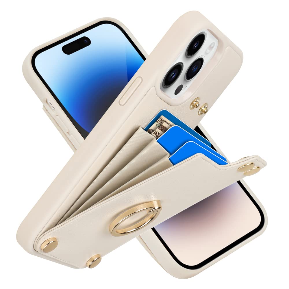  [AUSTRALIA] - LAMEEKU Wallet Case Compatible with iPhone 14 Pro Max, Leather Case with Card Holder, 360°Rotation Ring Kickstand, RFID Blocking Protective Case Designed for Apple iPhone 14 Pro Max 6.7'' Beige (2022)