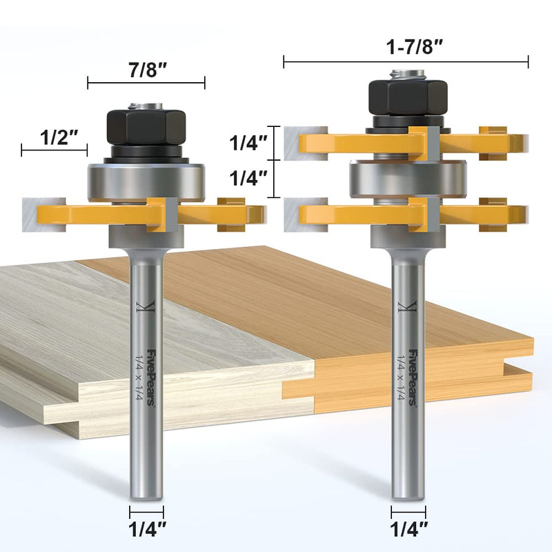 [AUSTRALIA] - FivePears 2 Pieces of Tongue and Groove Router Bits Set with 1/4" Shank,3 Teeth T Shape Wood Milling Cutter Woodworking Tool 1/4-Inch Shank