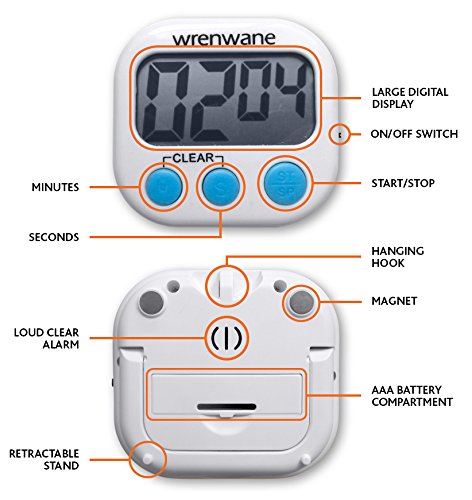  [AUSTRALIA] - Wrenwane Timer (Upgraded), No Frills, Simple Operation, Big Digits, Loud Alarm, Magnetic Backing, Stand, White 1