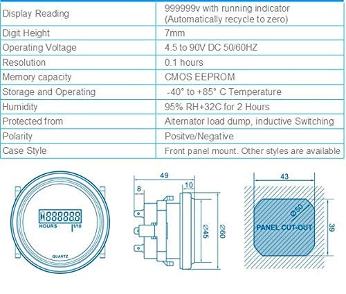  [AUSTRALIA] - DC 12V Hour Meter (24v and 48v) Suitable for Diesel & Gas Engine, ATV, mx,mtd, Boat, Dirtbike, Mower, Golf cart, Forklift, RV (LCD1) LCD1