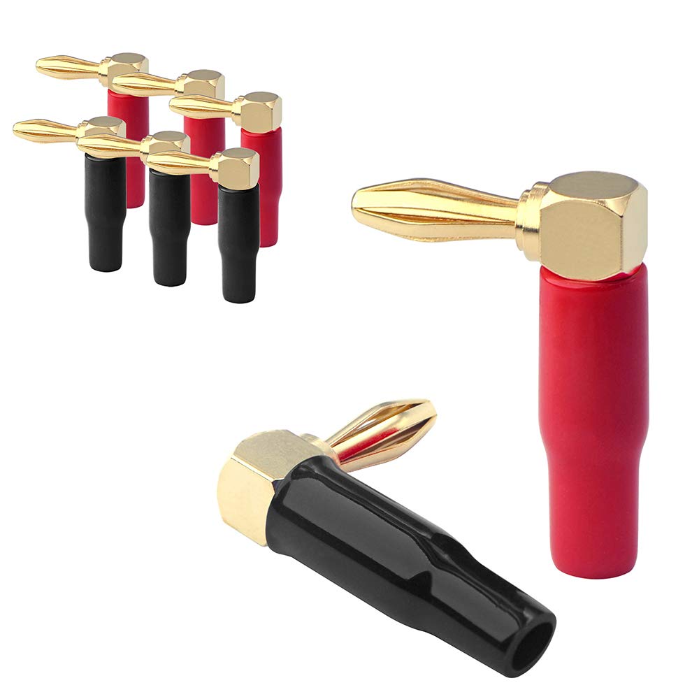  [AUSTRALIA] - VCELINK Right Angle Banana Plugs 4 Pairs/8 Pack, 90 Degree 4mm 24K Gold Plated Dual Screw Type Speaker Connector for Speaker Wire, Red and Black