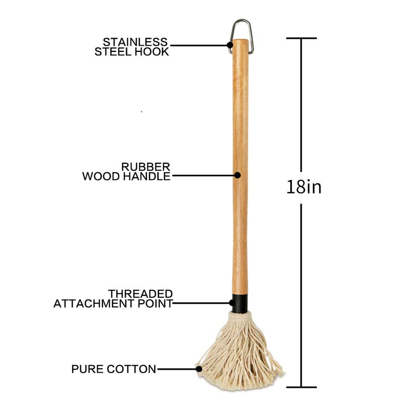  [AUSTRALIA] - YFWOOD 18 Inch Grill Basting Mop Wooden Long Handle with 3 Extra Replacement Heads for BBQ Grilling Smoking Steak