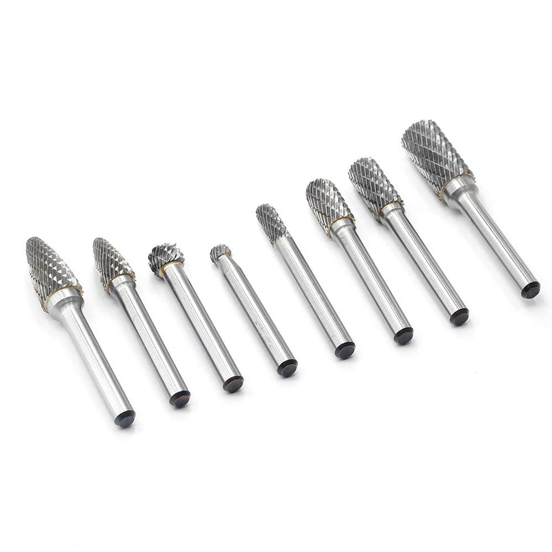 YUFUTOL Carbide Burr Set with 1/4''(6.35mm) Shank 8pcs Double Cut Solid Carbide Rotary Burr Set for Die Grinder Drill, Metal Wood Carving, Engraving,Polishing,Drilling - LeoForward Australia