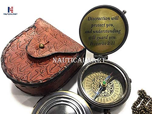 NauticalMart Brass Compass Will Protect You Proverbs 2:11 Antique Compass with Leather case Anchor Stamped - LeoForward Australia