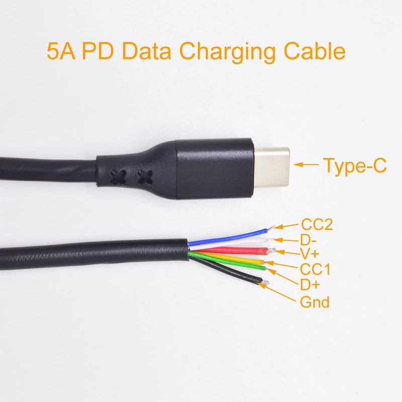  [AUSTRALIA] - 2pcs 12 inch Type-C USB C Male PD Power Cable 5A Fast Charge 6 Wires CC1 CC2 Pigtail DIY, 1 feet