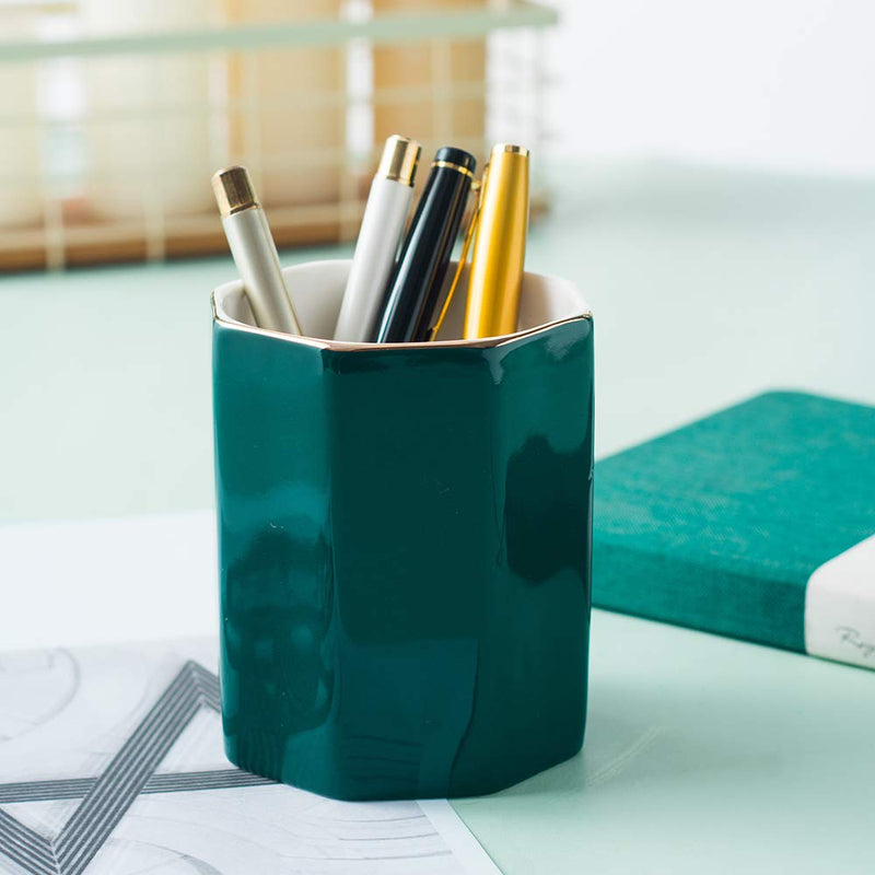 YOSCO Ceramic Desk Pen Holder Stand Pencil Cup Pot Desk Organizer Makeup Brush Holder (Blackish-Green) Blackish-Green - LeoForward Australia