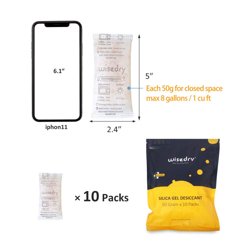  [AUSTRALIA] - wisedry 50 Gram [10 Packs] Silica Gel Desiccant Packets Microwave Fast Reactivate Moisture Absorbers Bags with Indicating Beads for Closet Gun Safes Bathroom Food Grade