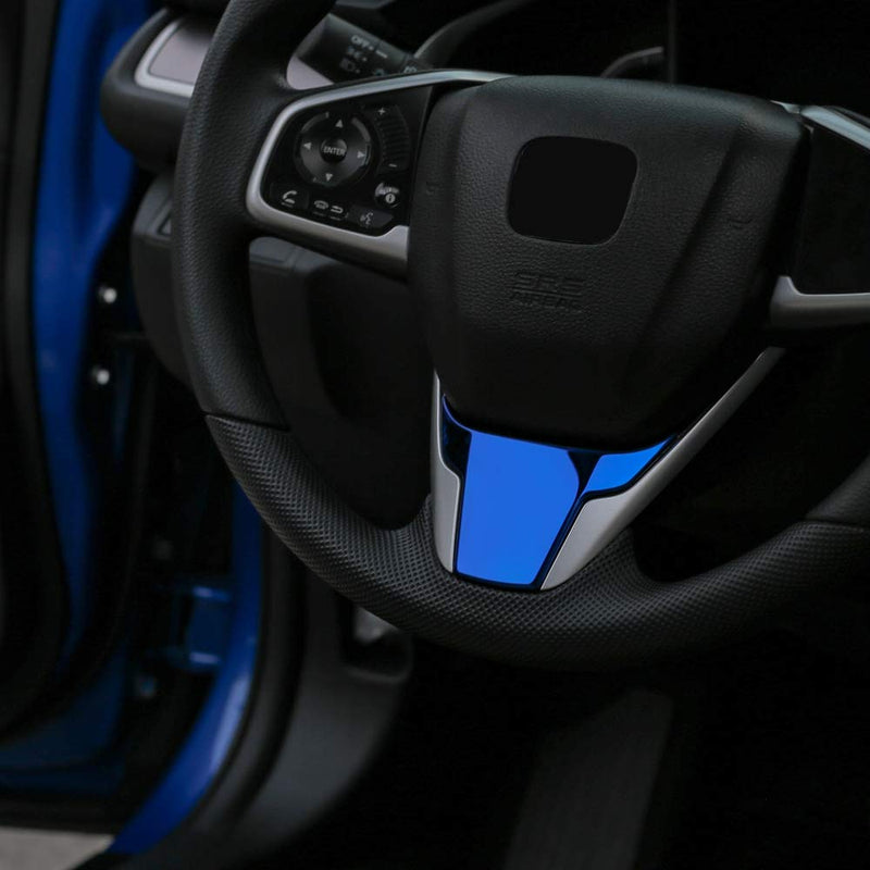  [AUSTRALIA] - CKE Civic Steering Wheel Cover Stainless Steel Interior Trim Panel For 10th Gen Honda Civic 2020 2019 2018 2017 2016-Blue Steering Wheel-Blue