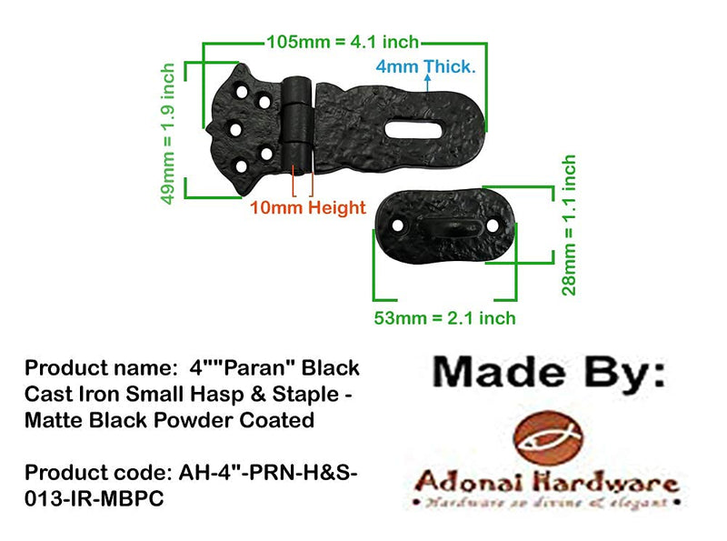  [AUSTRALIA] - Adonai Hardware"Paran" Heavy Duty Antique Cast Iron Safety Locking Hasp and Staple(4" x 2 Pack, Matte Black) for Vintage Pirates Treasure Chest, Trunks, Wooden Jewelry Box, Cases, Furniture and Sheds 4 Inch x 2 Pack Matte Black Powder Coated